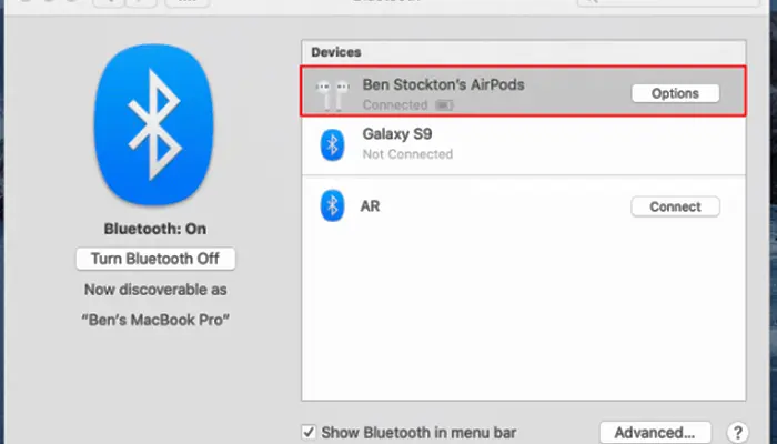 Macbook Bluetooth settings