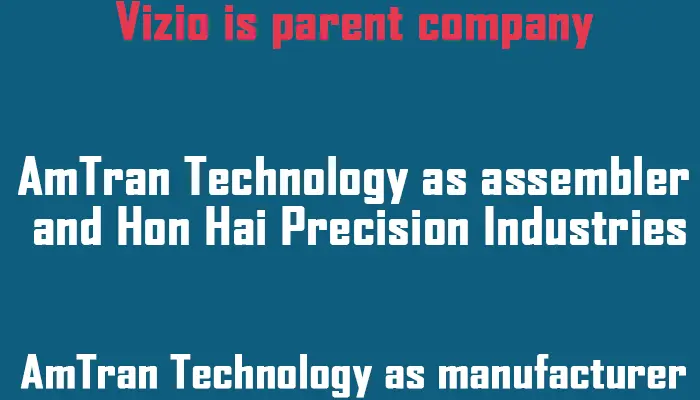 Vizio is parent company, AmTran Technology as assembler and Hon Hai Precision Industries & AmTran Technology as manufacturer